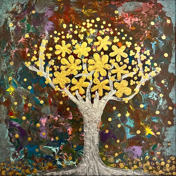 The Wishing Tree - a handmade acrylic textured painting on a 14x14-inch canvas. - Picture 1 of 10